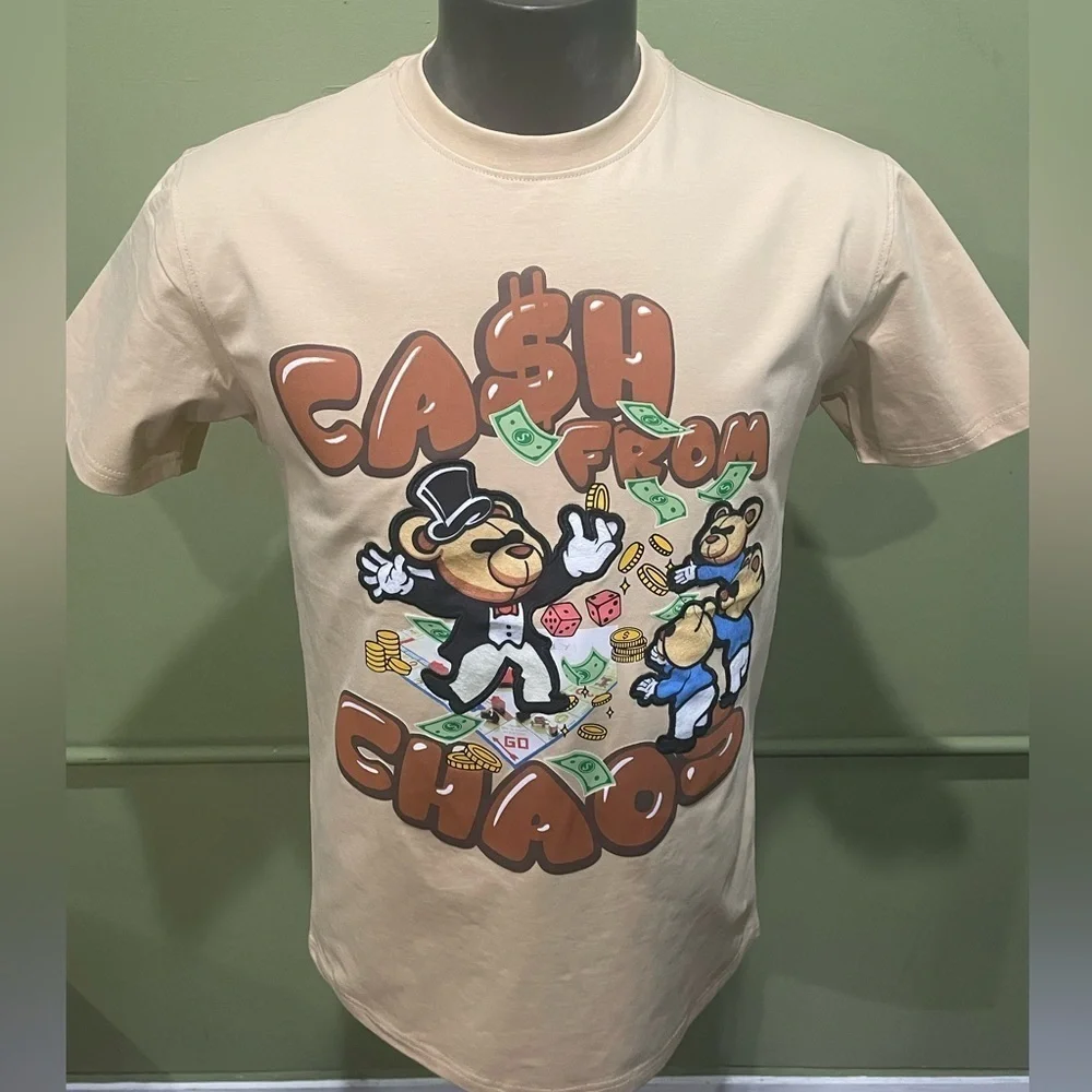 Bleecker&Mercer Cash From Chaos Graphic T-Shirt khaki crewneck - Picture 1 of 4